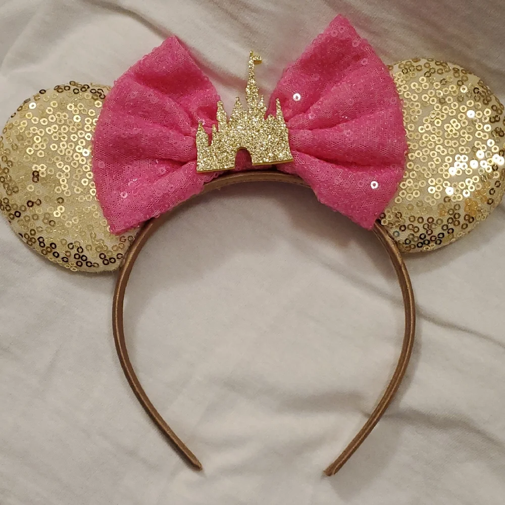Pink and Gold Sequins Minnie Mouse Ears Headband